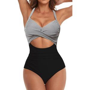 Women's One Piece Tummy Control Cutout High Waisted Wrap Tie Back Swimsuit
